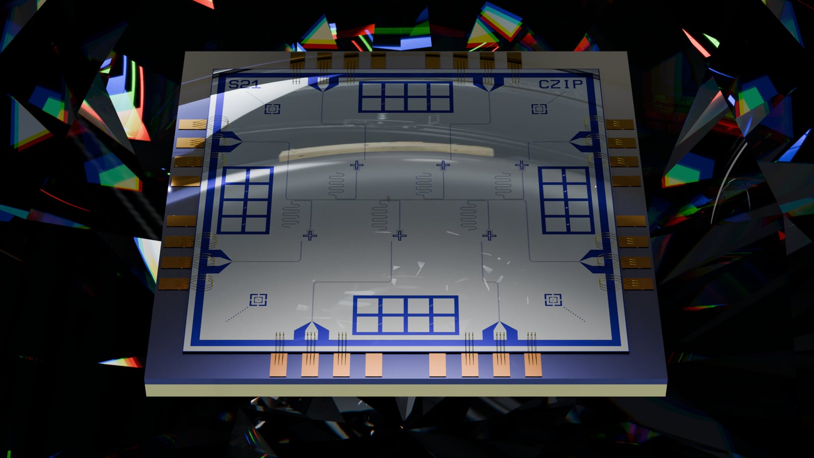 A superconducting quantum processor chip rendered against a dark, prismatic background
