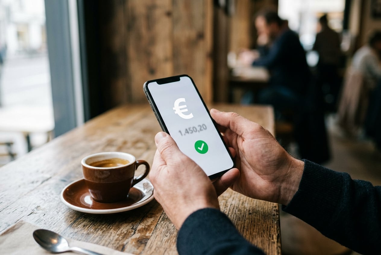 Close-up of hands holding a smartphone showing a plain banking screen with a euro sign and a confirmation tick, beside an espresso cup