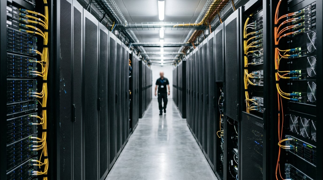 A long corridor of server racks in a bank data centre, lit by small blue and green status lights, with a technician far in the distance
