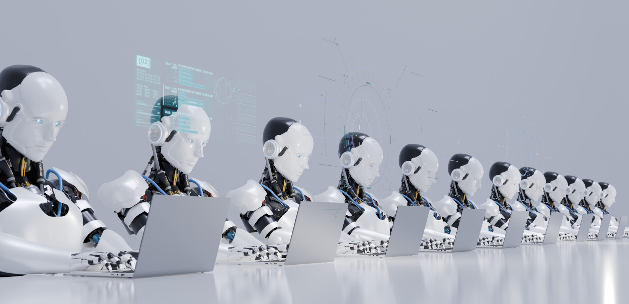 Illustration of multiple robots working at laptops in a row